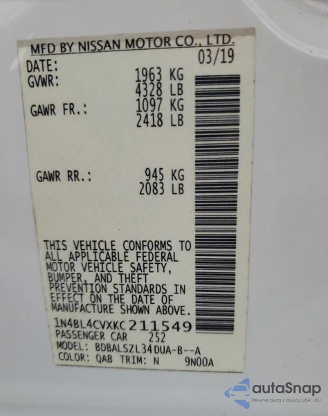 2019 Nissan Altima Sr из США, поврежденный, VIN 1N4BL4CVXKC211549